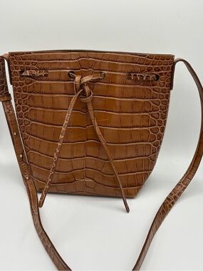 Mansur Gavriel Croc-Embossed Tan Brown Drawstring Bucket Crossbody